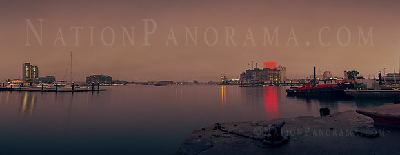 Glowing Neon Sign of Domino Sugars Plant. Baltimore Inner Harbo
