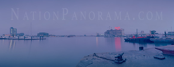 Glowing Neon Sign of Domino Sugars Plant. Baltimore Inner Harbo